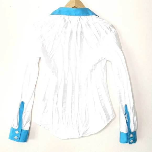 Beluva San Francisco Pleated Button Down Shirt Blouse White Blue Women's XS - Picture 7 of 10